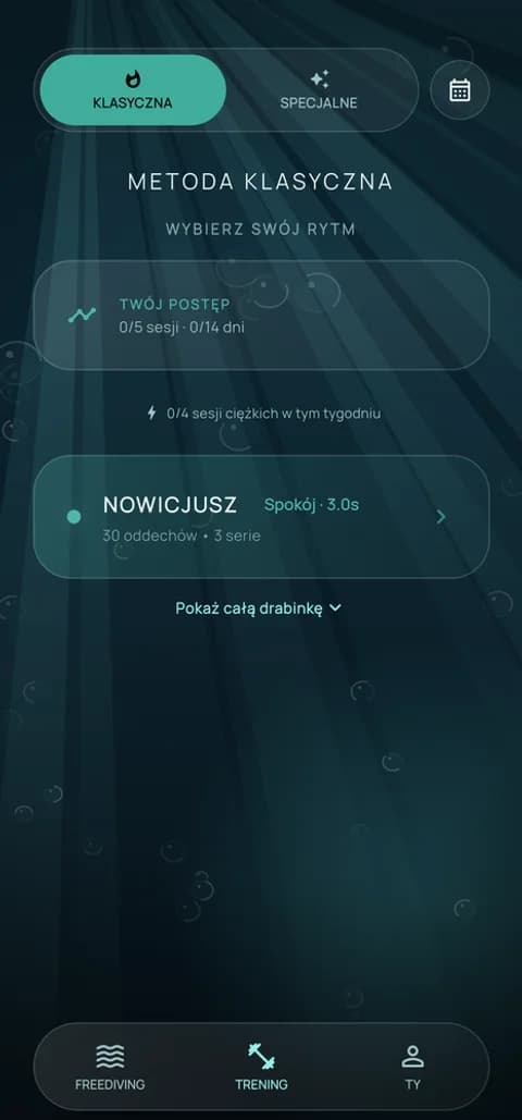 Drabinka progresji metody Wima Hofa, poziom i postęp tygodniowy w jednym miejscu.
