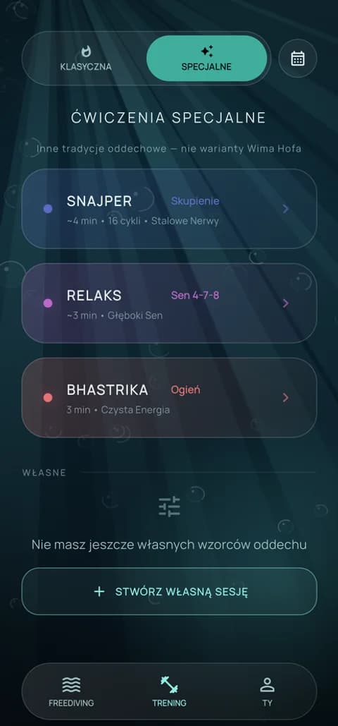 Box Breathing, 4-7-8 na wyciszenie, Bhastrika na energię, albo zbuduj własny rytm w kreatorze.